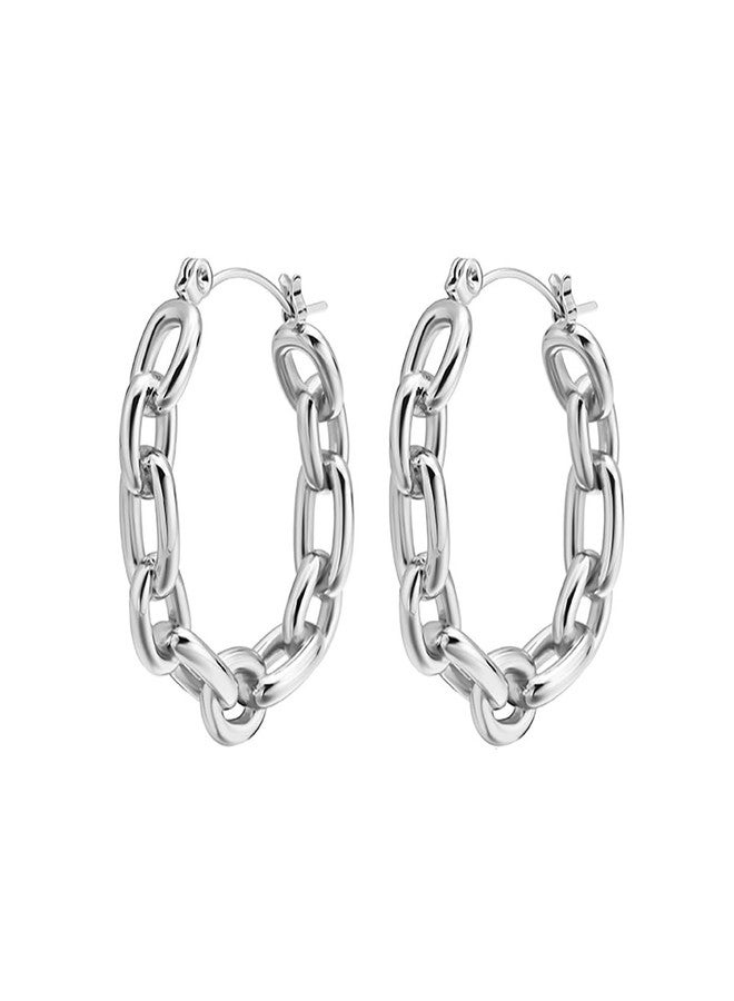 MarveBard 18k Gold Hoop Charm Earrings Dainty Stainless Steel Paperclip Link Chain Hoop Earrings Lightweight Hypoallergenic Huggie Hoops Earring Chunky Hoops Statement Earring Trendy Jewelry (Silver) - Image 1